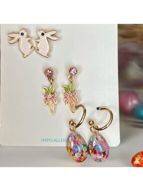 🐣Easter Bunny Carrot Egg Earring Set 3 Pair Goldtone Hypoallergenic Spring Set